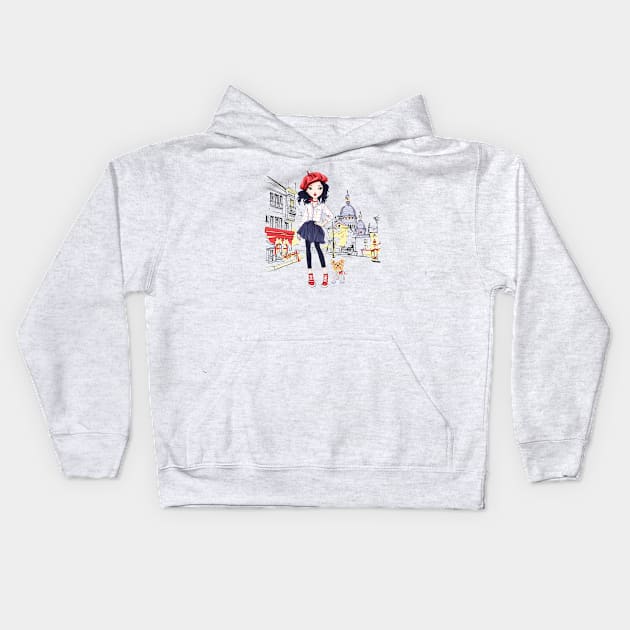 Fashion girl with dog in Paris Kids Hoodie by kavalenkava